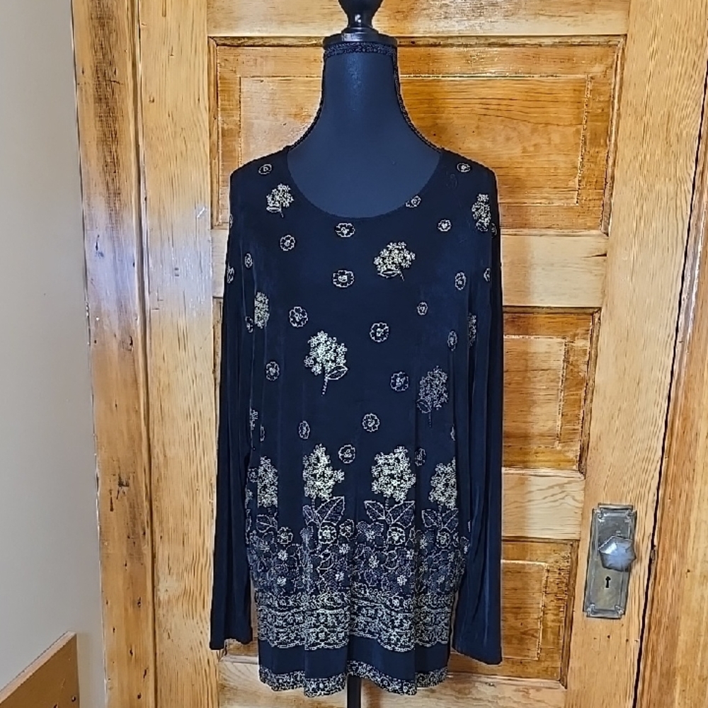 Vintage Boho Impressions Of California Black/Gold Floral Long Sleeve Tunic L